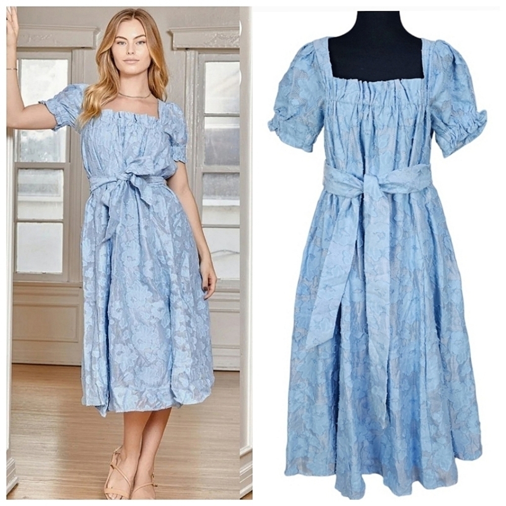 Lulu's Blue Hello Lovely Midi Dress Medium Floral Jacquard Textured Renaissance